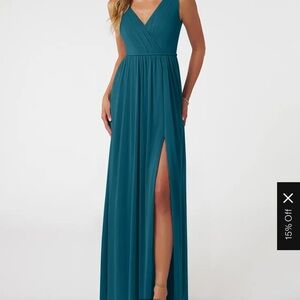 Azazie A24 TANICIA Stretch Ink Blue A-Line V-Neck Pleated Mesh Dress